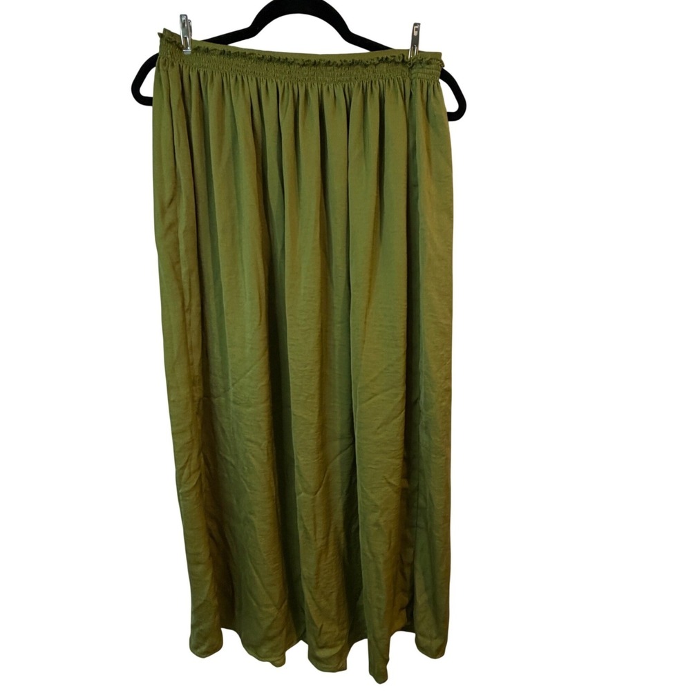 Tahari Womens Olive Green Smocked Waist Maxi Skirt Side Slits Ruffle Trim L Flow - Picture 11 of 11